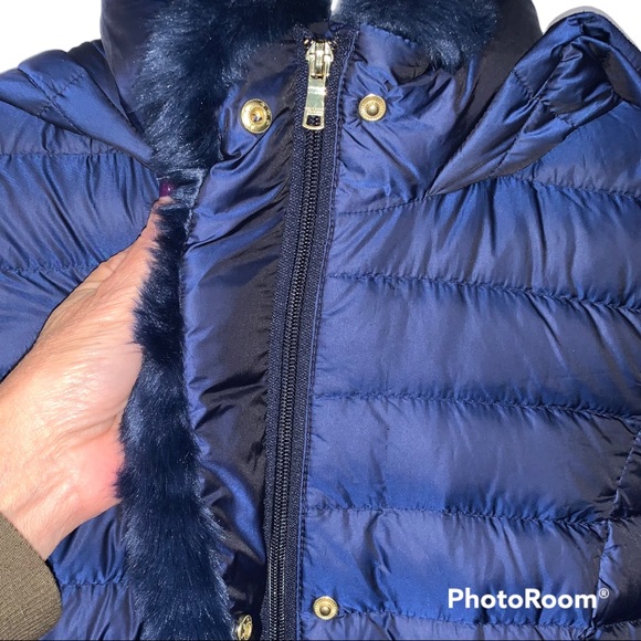 Cole Haan Down Quilted Puffer Hooded Jacket Faux Fur Trim Iridescent Blue Sz XS - Picture 5 of 16